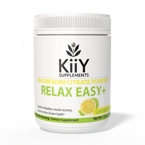 KIIY Supplements Relax Easy+ Magnesium Citrate Powder container in lemon lime flavor.